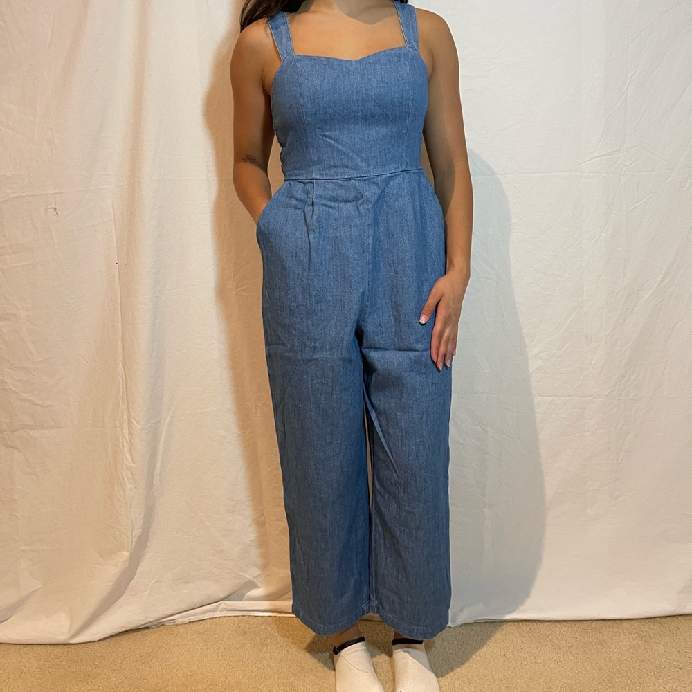 Chambray Adjustable Strap Crop Length Jumper